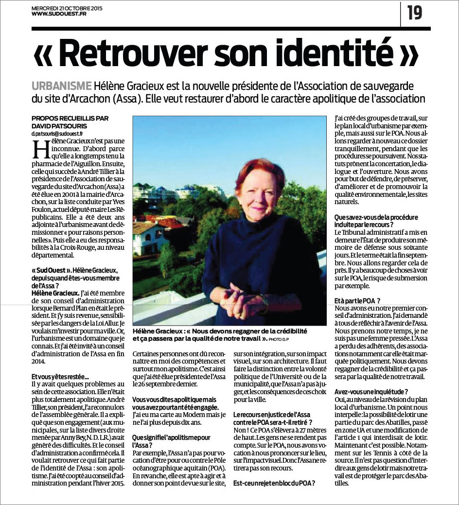 Hélène Gracieux nouvelle présidente ASSA - Sud-Ouest du 21 Oct 2015