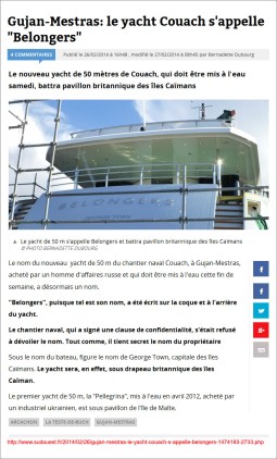 Gujan-Mestras- le yacht Couach s'appelle 'Belongers' - Sud-Ouest du 26 Février 2014