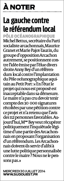 La gauche contre le référendum local - Sud-Ouest du 30 Juillet 2014