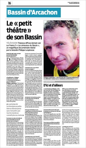 Thalassa diffuse "Les amoureux du Bassin" - Sud-Ouest du 4 Septembre 2014 Thalassa diffuse Les amoureux du Bassin - Sud-Ouest du 4 Septembre 2014