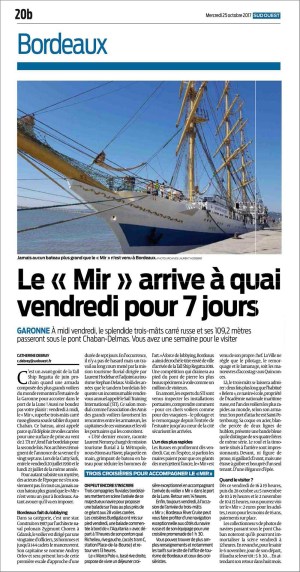 Sud-Ouest du 25 Octobre 2017 : le Mir arrive à quai vendredi pour 7 jours
